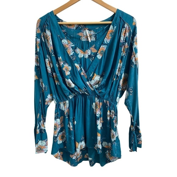 Free People Women’s Bohemian Floral Teal Orange Top Size XS - Picture 1 of 5